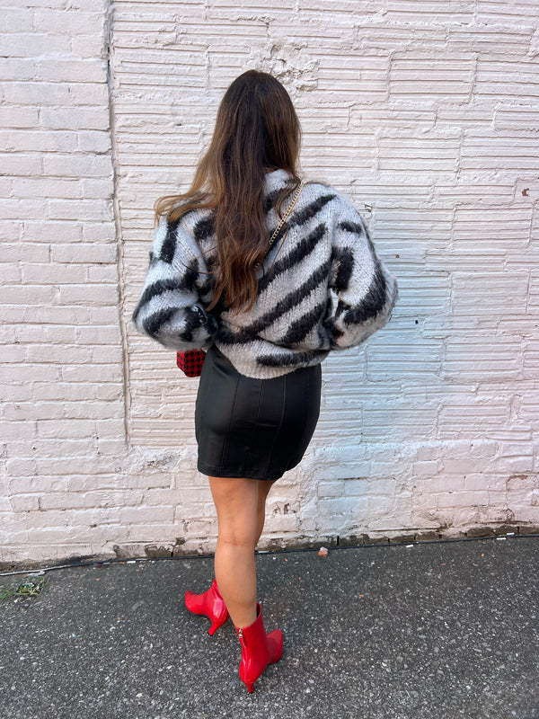 GRAY AND BLACK FUZZY ZEBRA PRINT SWEATER - THE HIP EAGLE BOUTIQUE