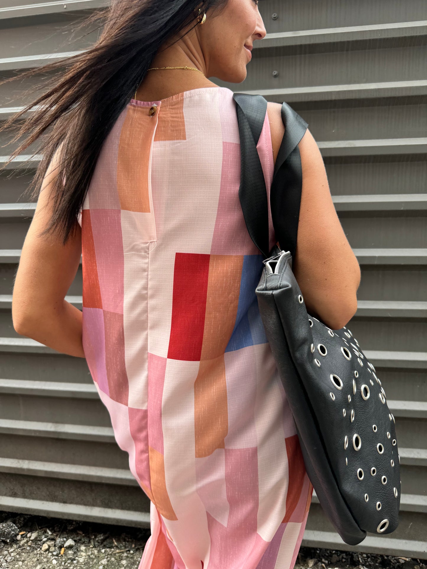 pink colorblock flowy fitted dress