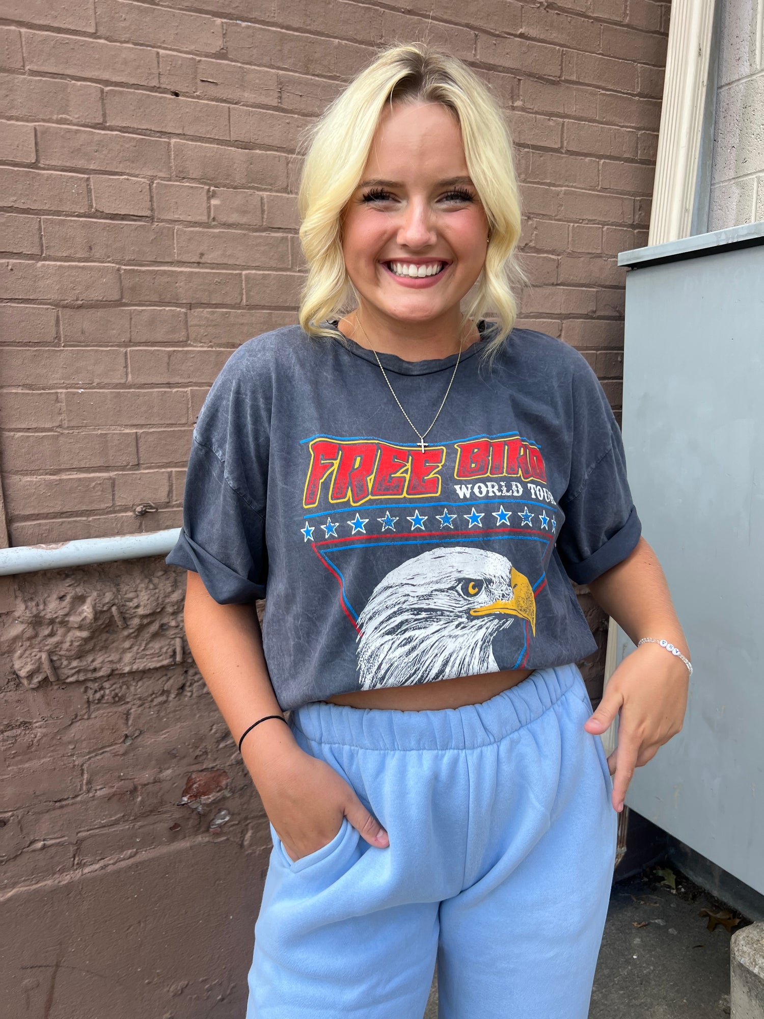 FREE BIRD WORLD TOUR OVERSIZED GRAPHIC TEE IN WASHED GRAY - THE HIP EAGLE BOUTIQUE