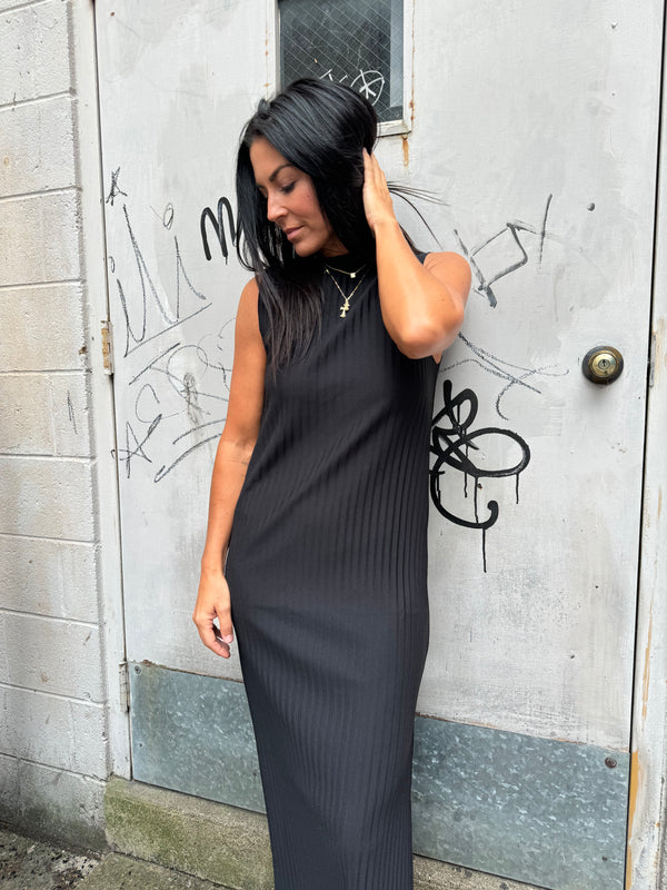 black high neck sleeveless dress