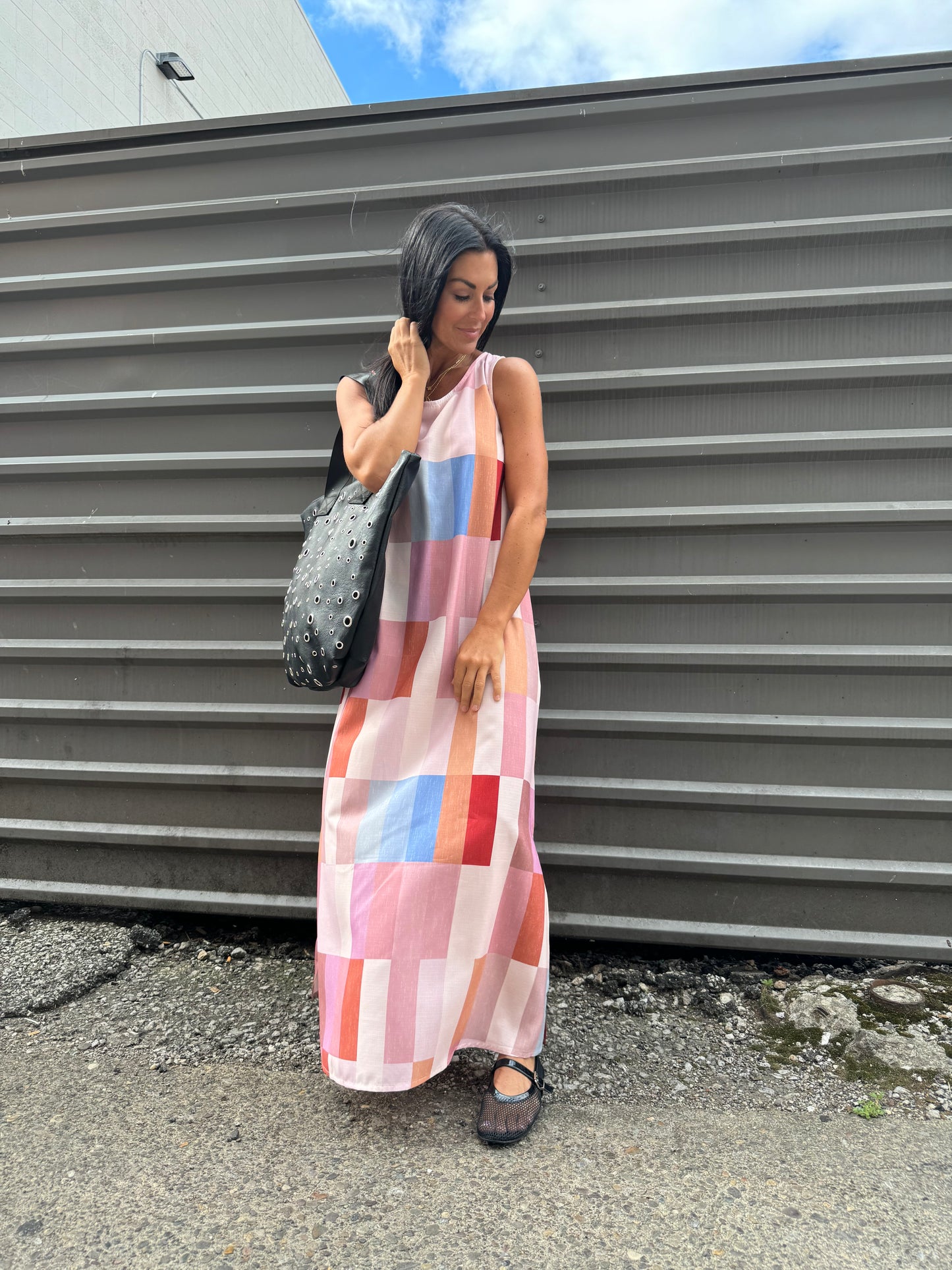 pink color block midi dress