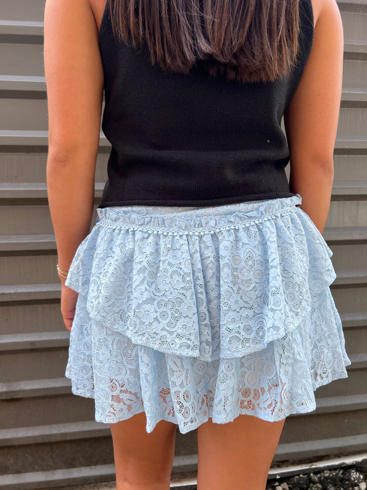 light blue lace tiered mini skirt