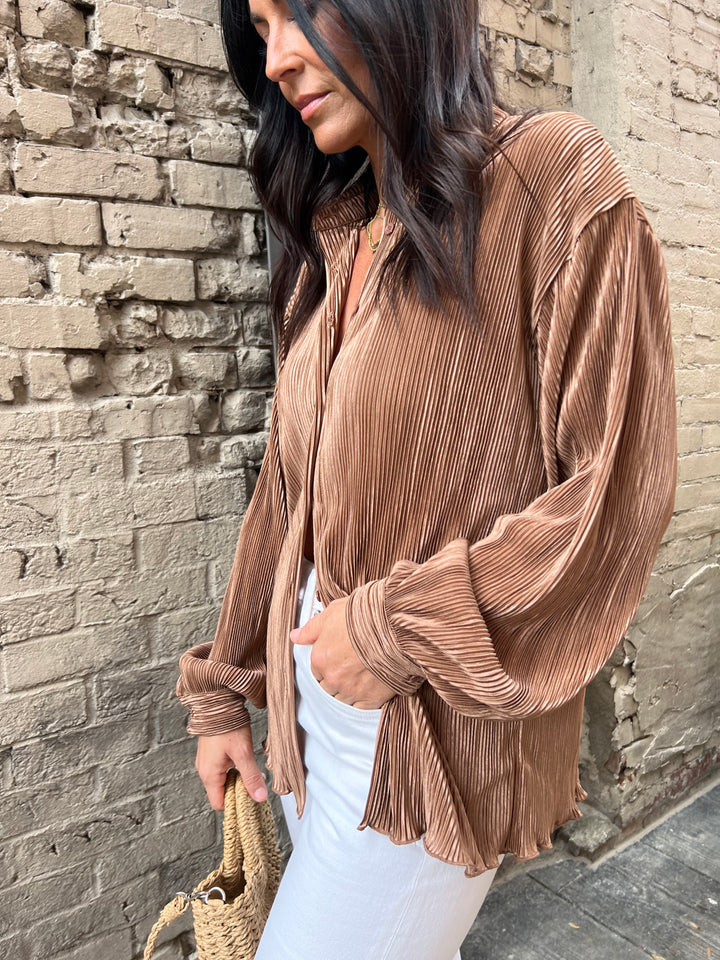 light brown pleated button up shirt