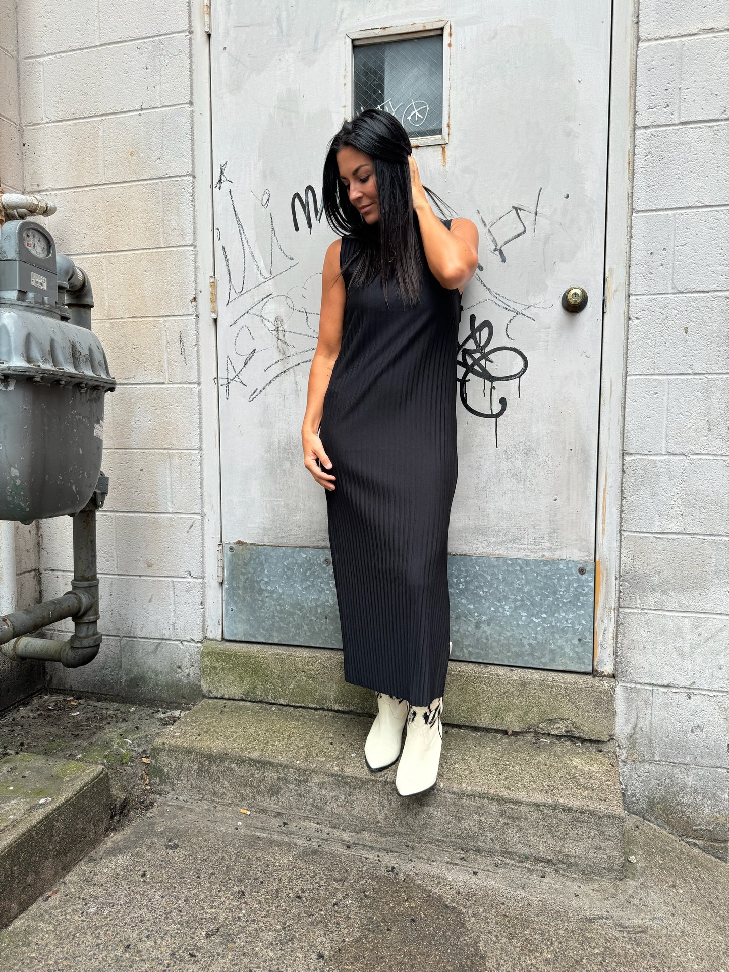 black pleated midi dress