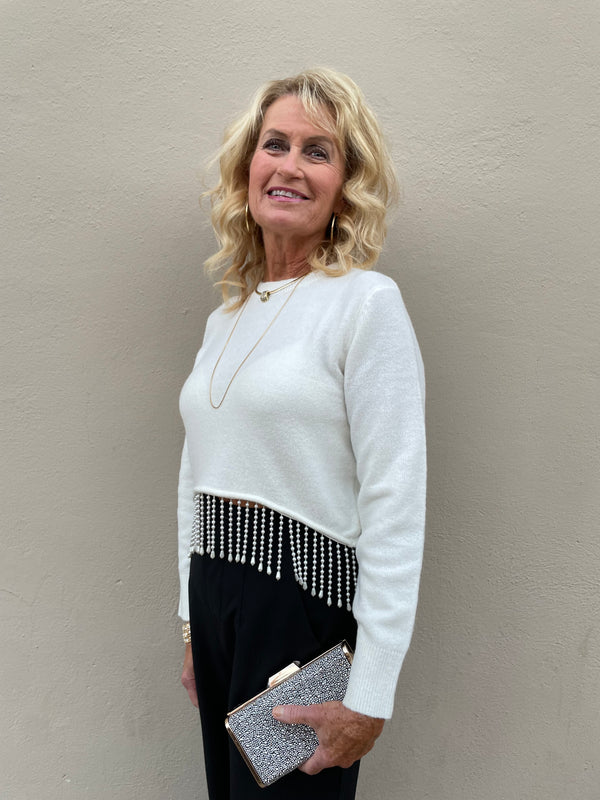 LINE & DOT WHITE PEARL HEM SWEATER - THE HIP EAGLE BOUTIQUE