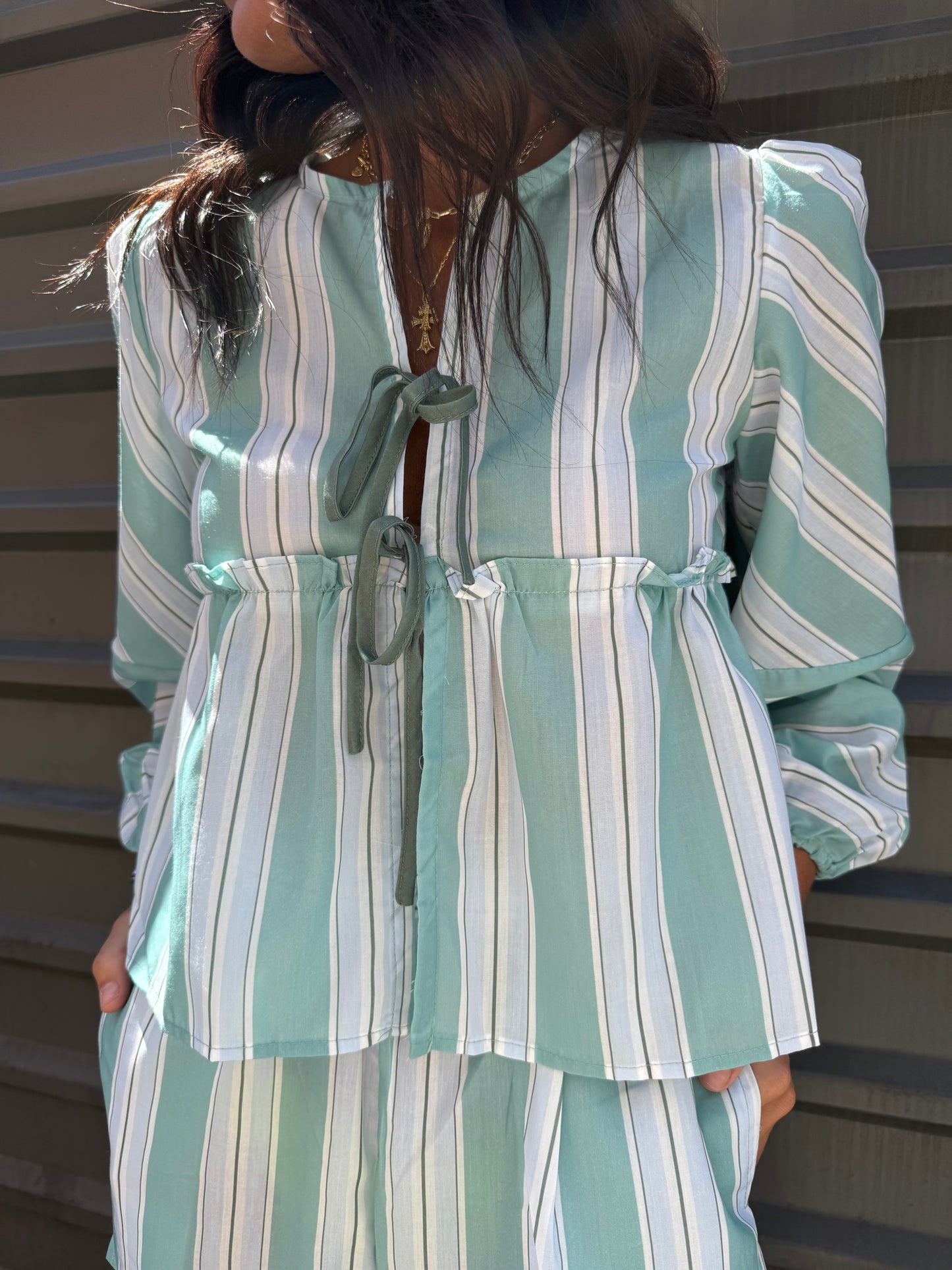 green striped front tie top