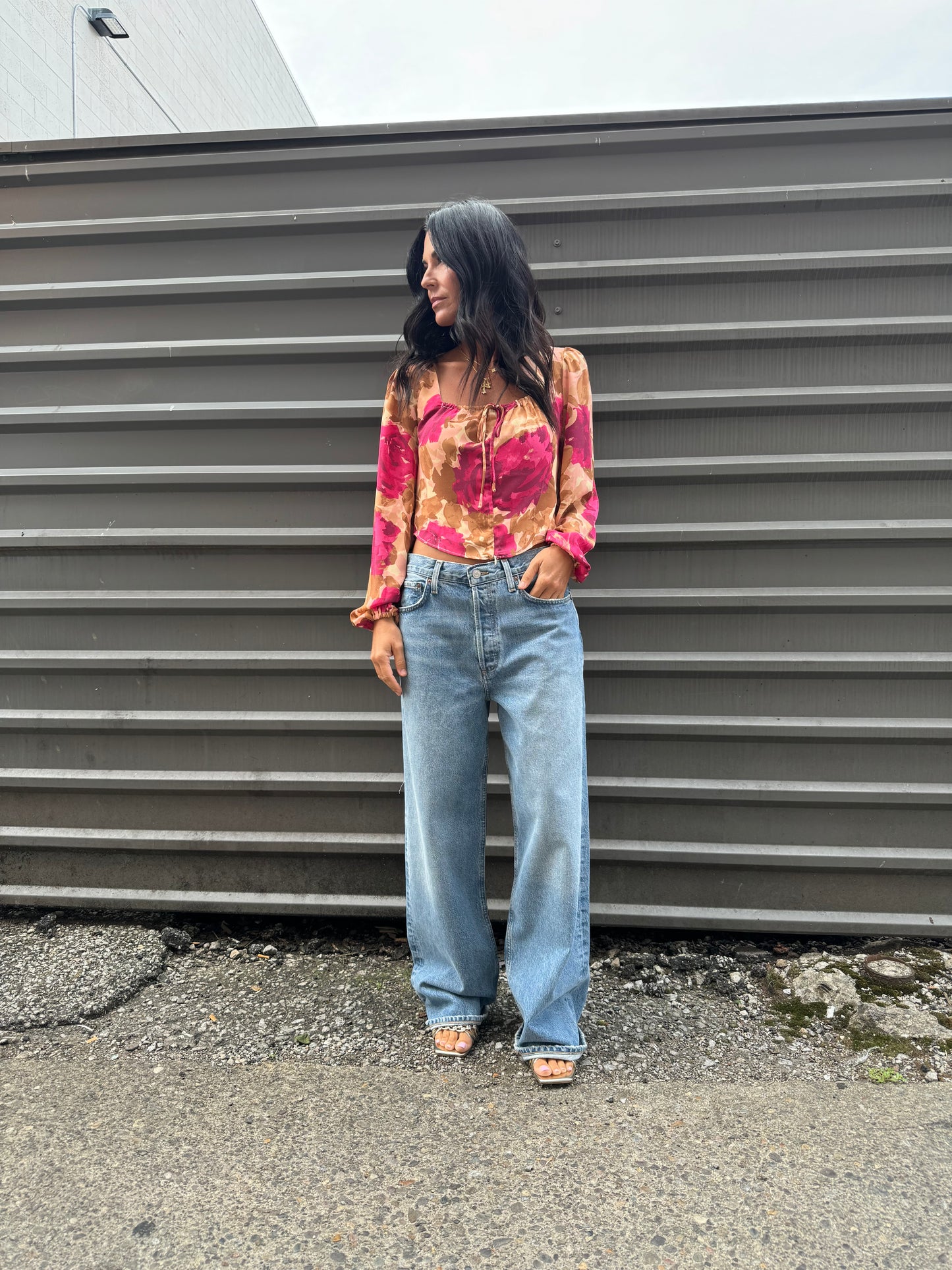 satin rose print long sleeve blouse