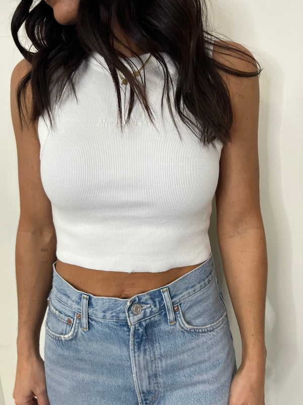 solid white ribbed knit racerback tank top