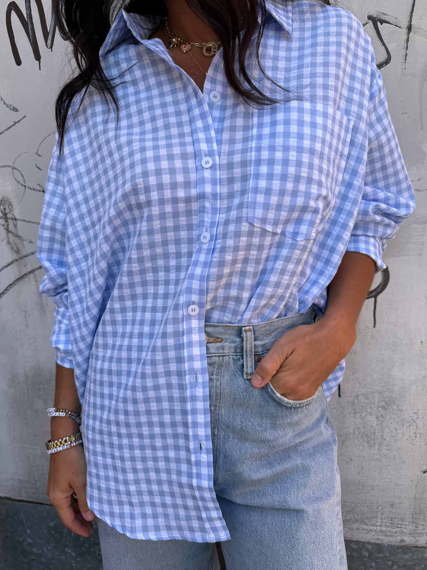 blue gingham print button up shirt