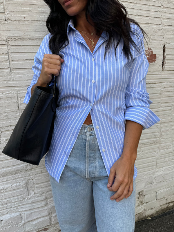 blue striped button up shirt