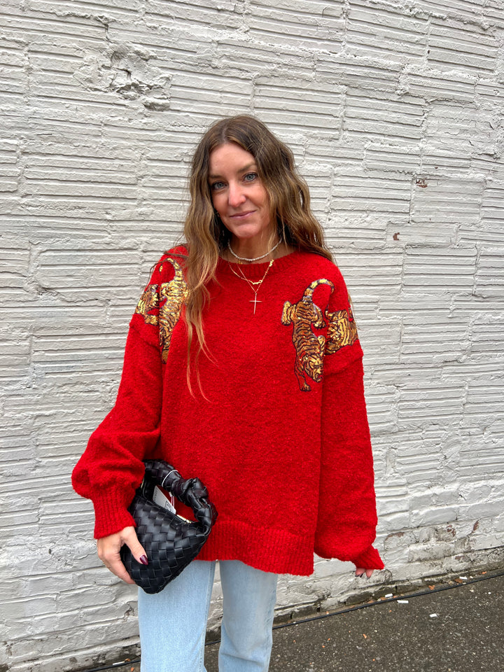 RED TIGER SEQUIN SWEATER - THE HIP EAGLE BOUTIQUE