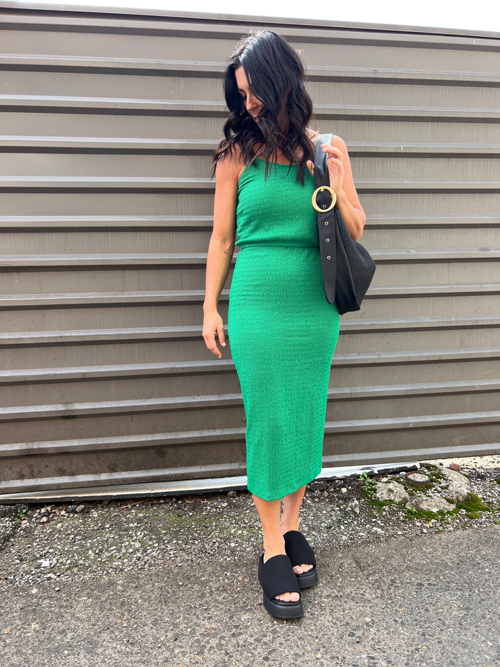 green textured skirt and tank matching set