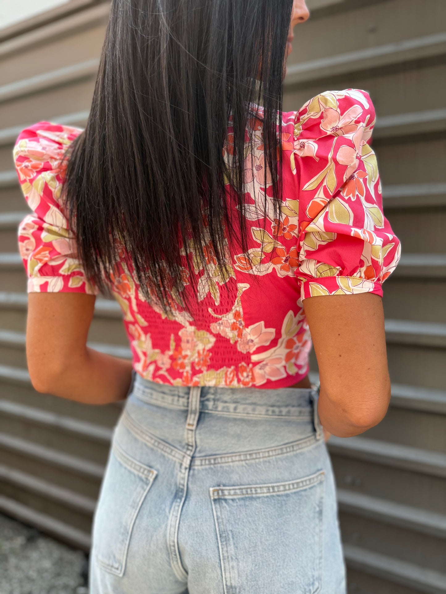 puff sleeve corset top with smoked back