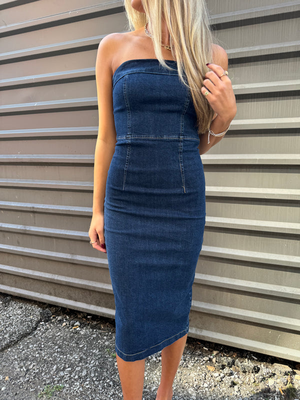 MARIANA STRAPLESS STRETCH DENIM MIDI