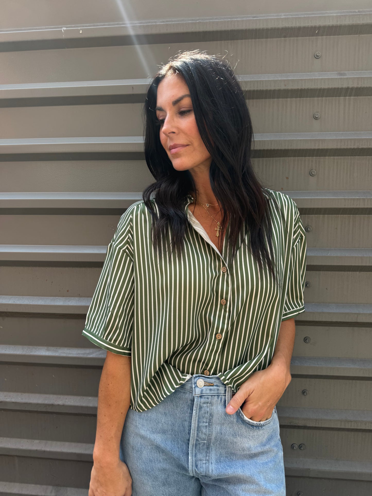 green striped short sleeve button up shirt