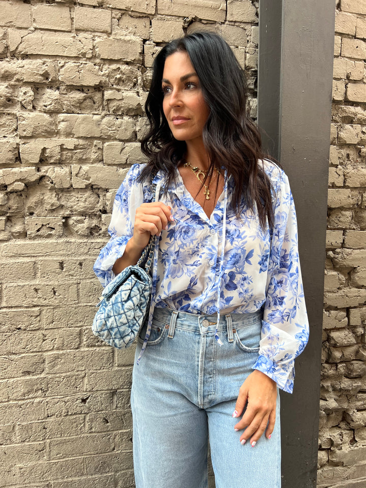 blue floral sheer button up blouse