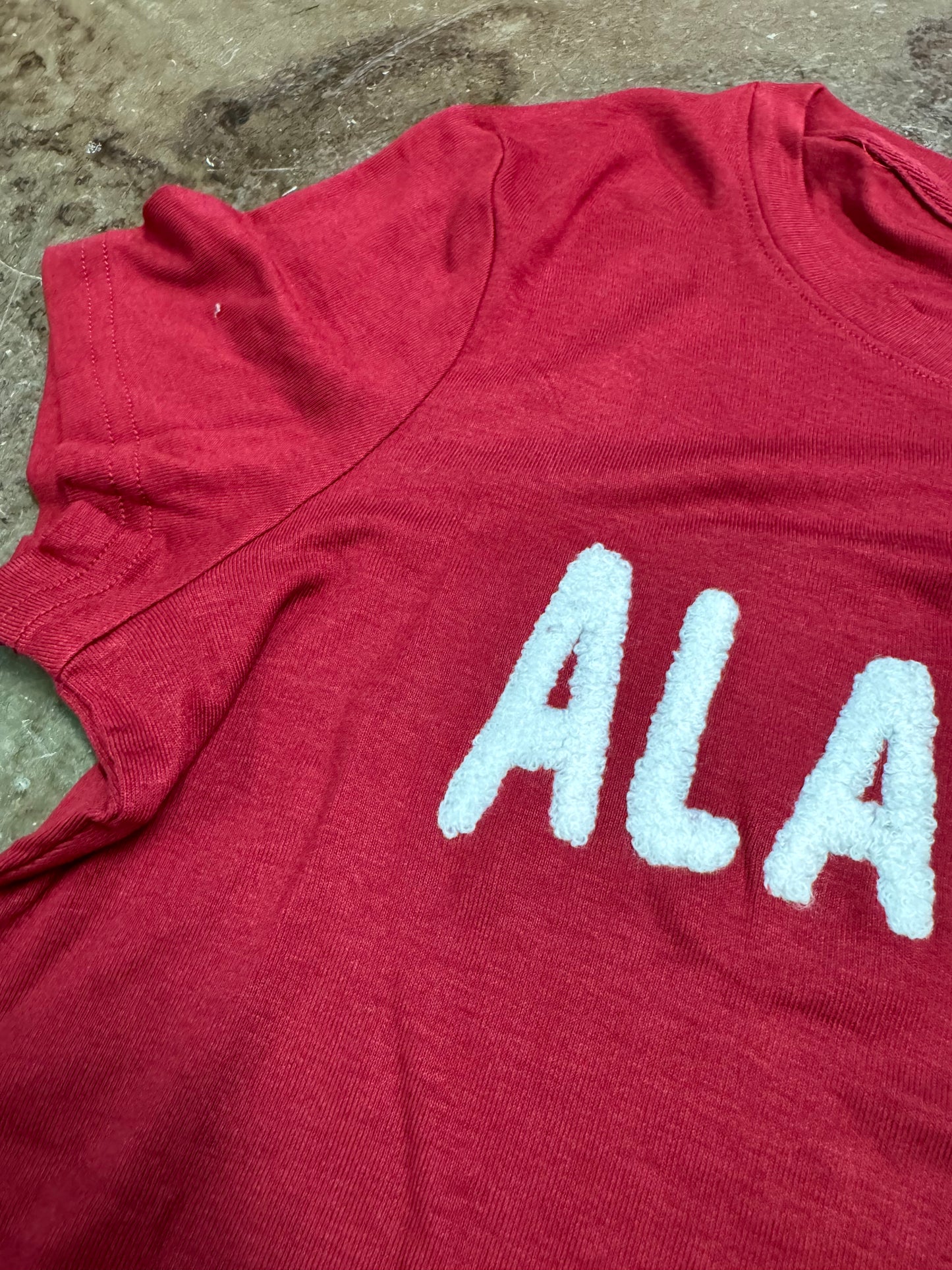 white Alabama chenille patch graphic tee