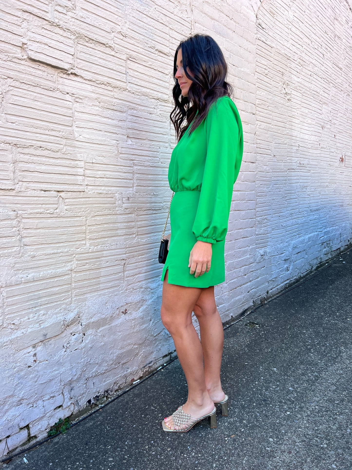 solid green dress with padded shoulders
