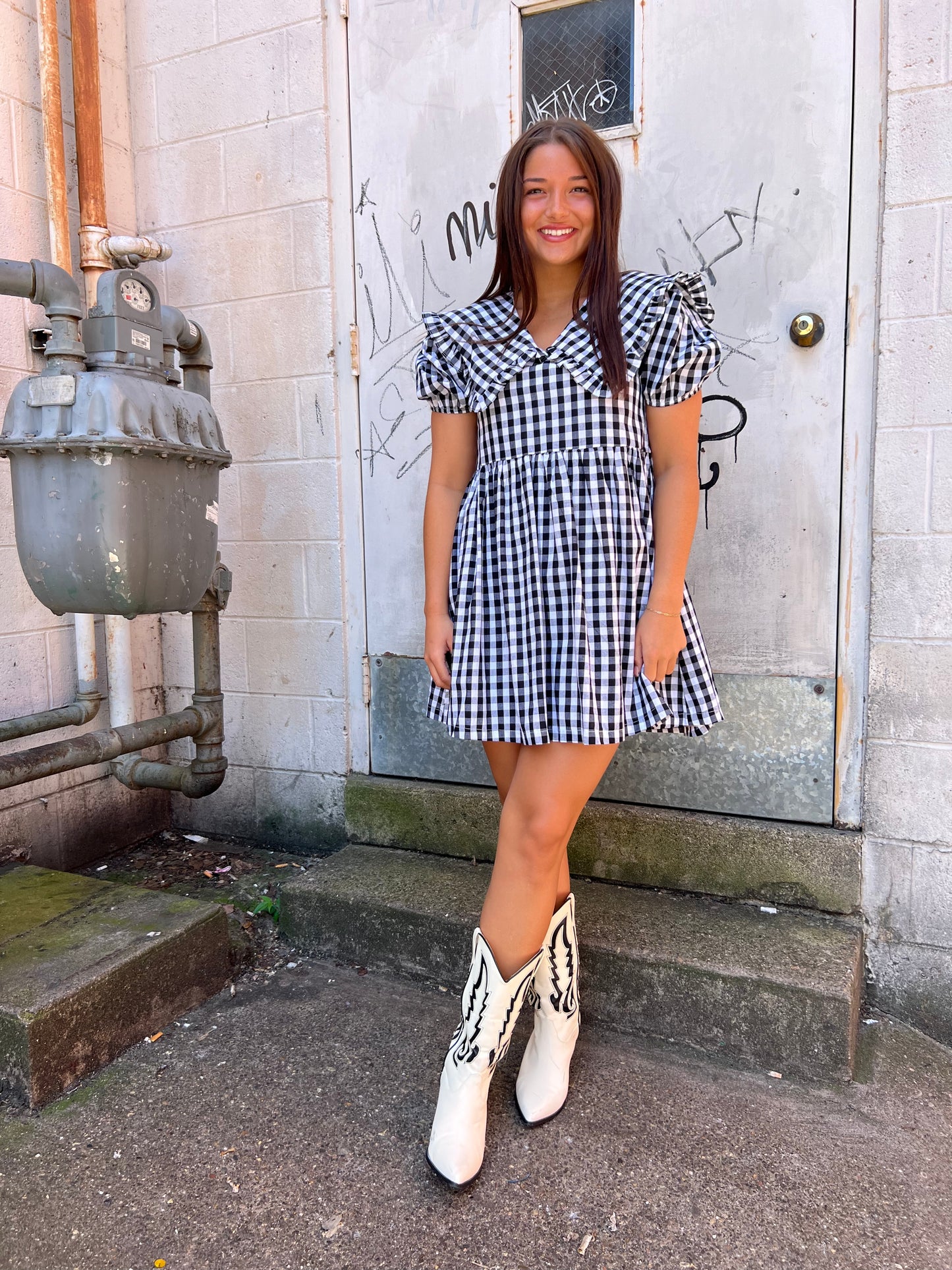 black gingham print dress