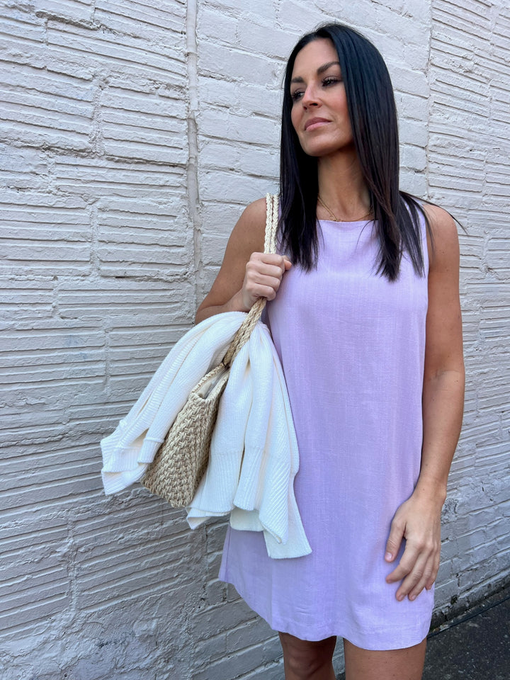 lavender linen blend sleeveless mini dress
