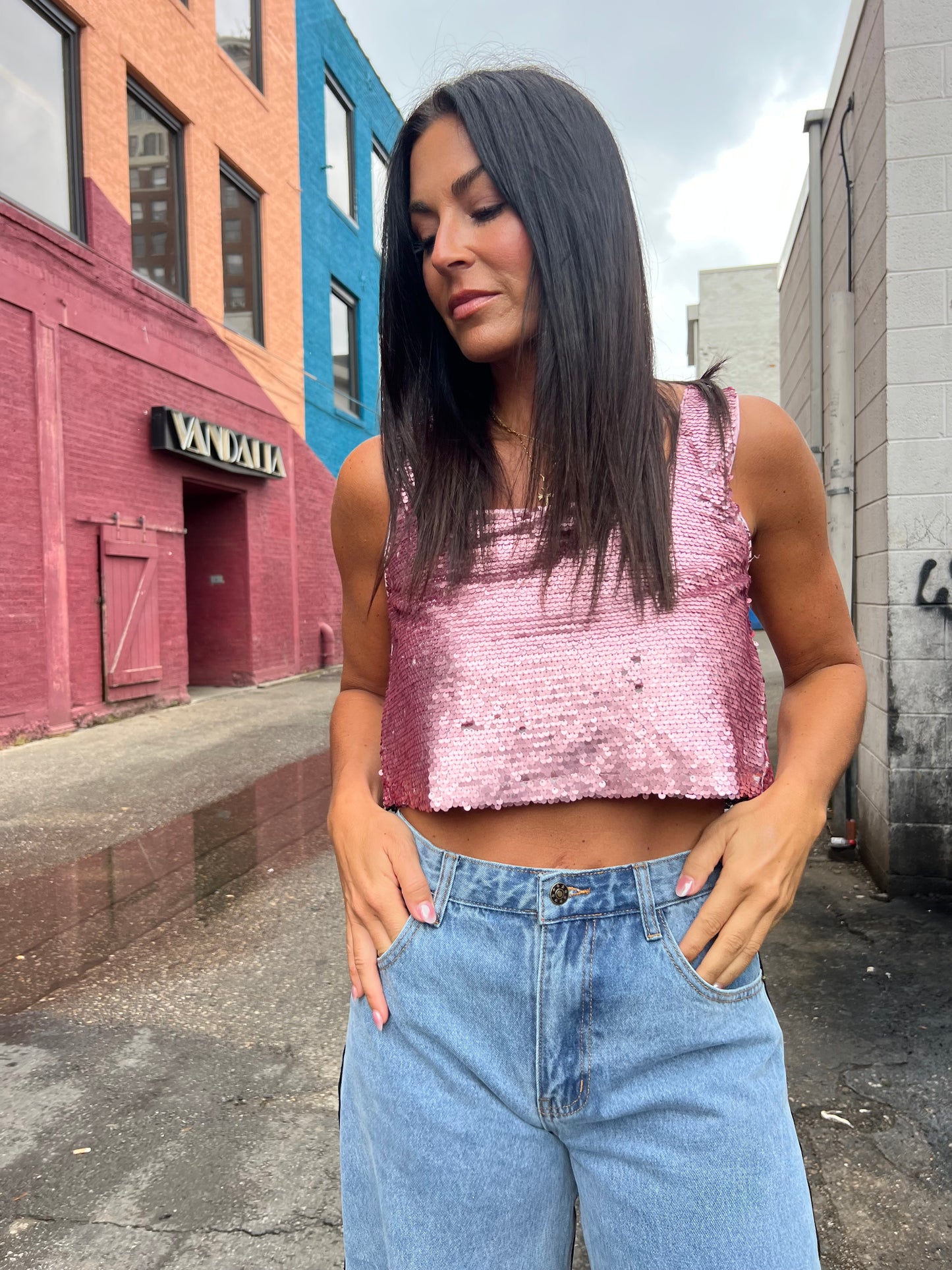 pink sequin cropped tank top