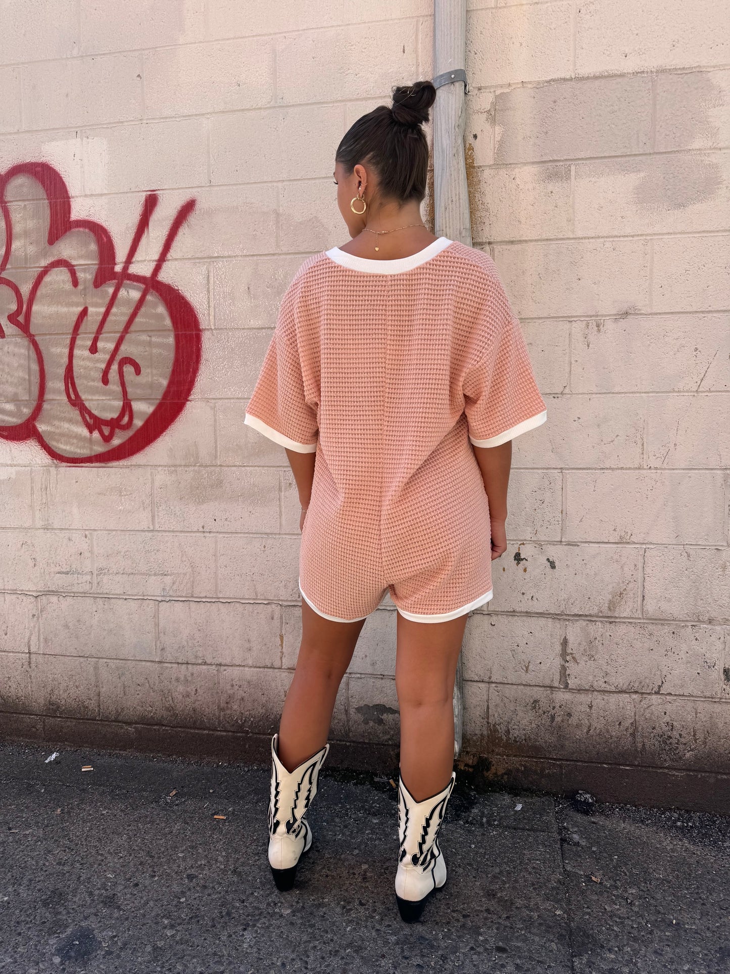 peach waffle knit romper