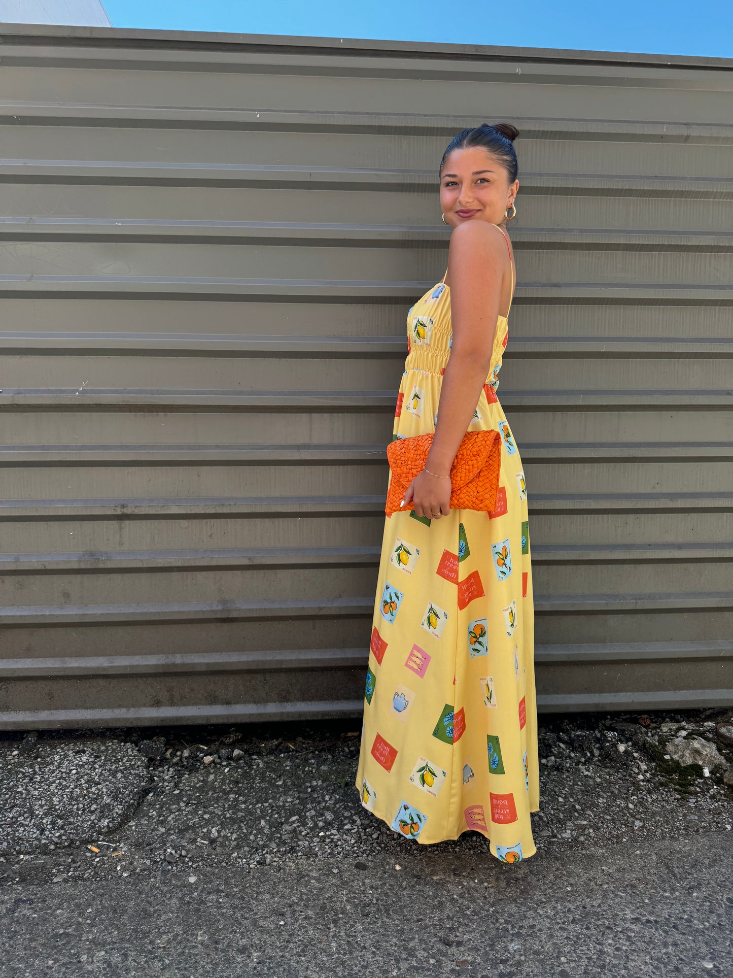 yellow tile print maxi dress