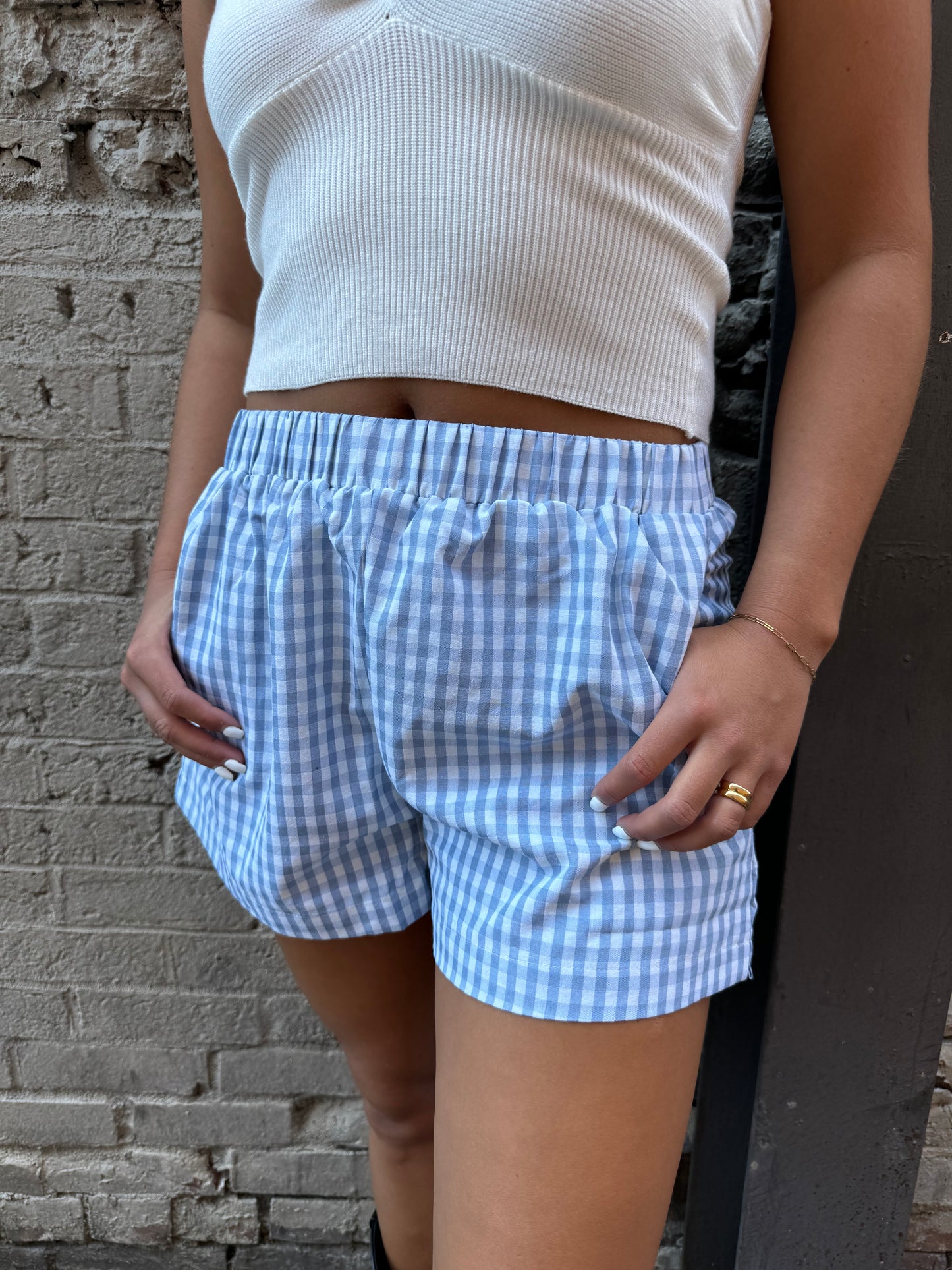 blue gingham print boxer shorts