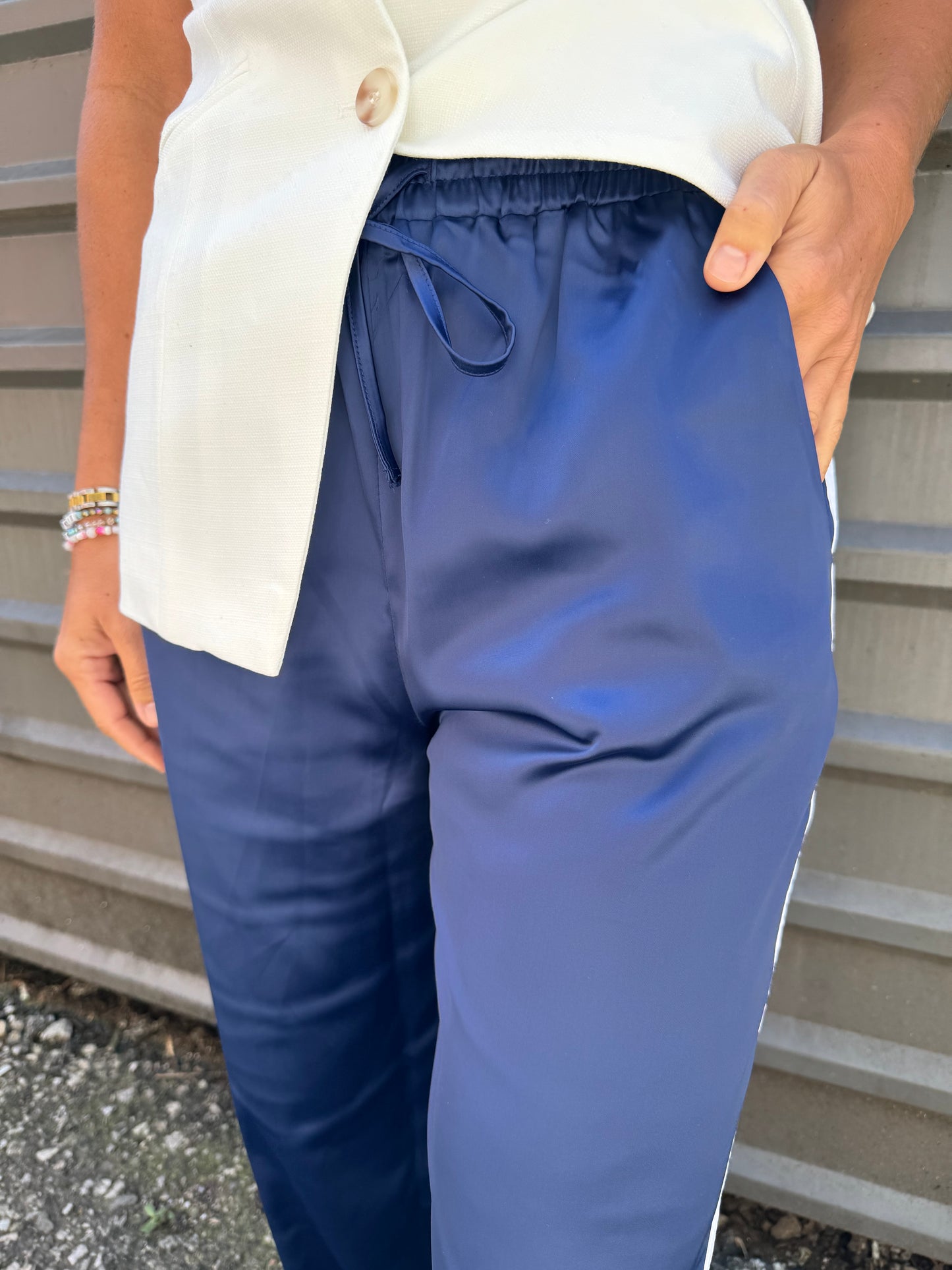 navy blue pinstripe trackpants