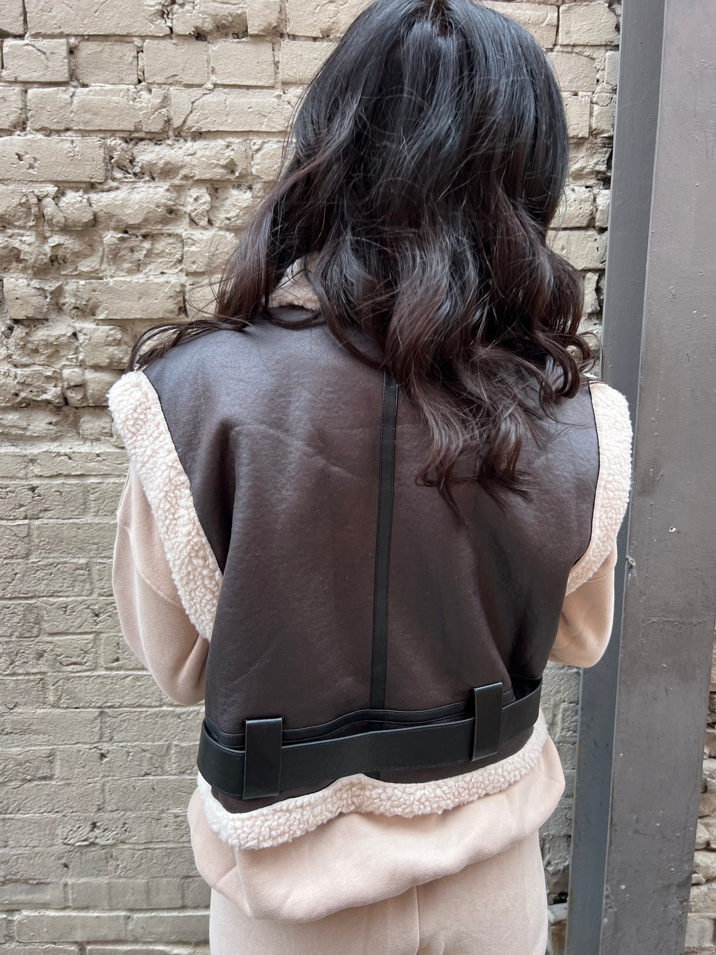 chocolate moto vest with sherpa