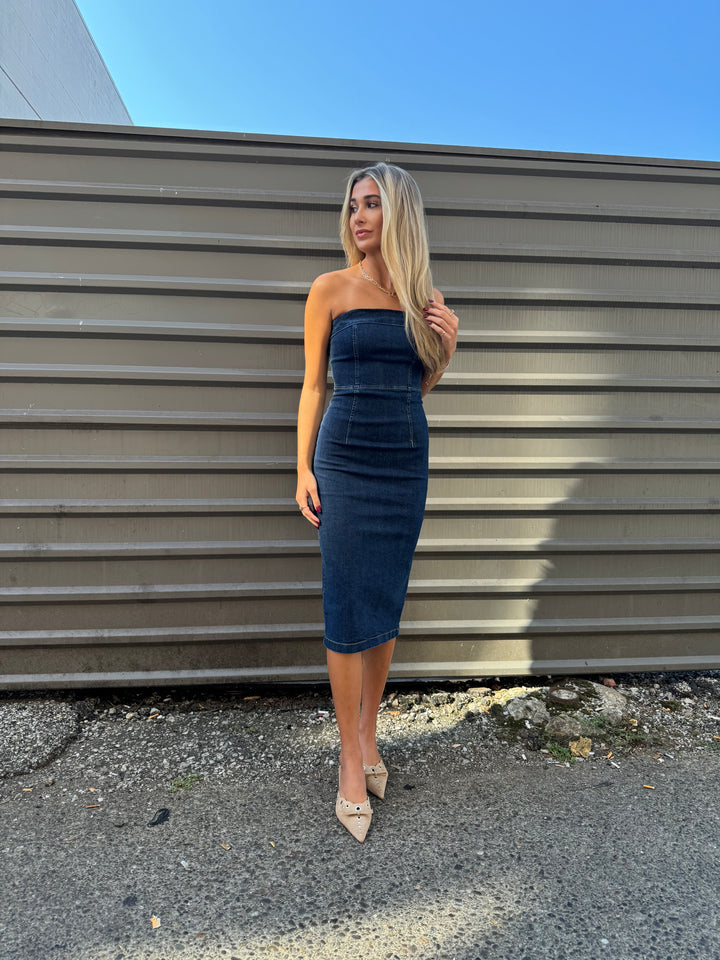 MARIANA STRAPLESS STRETCH DENIM MIDI