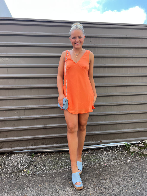 orange satin mini slip dress