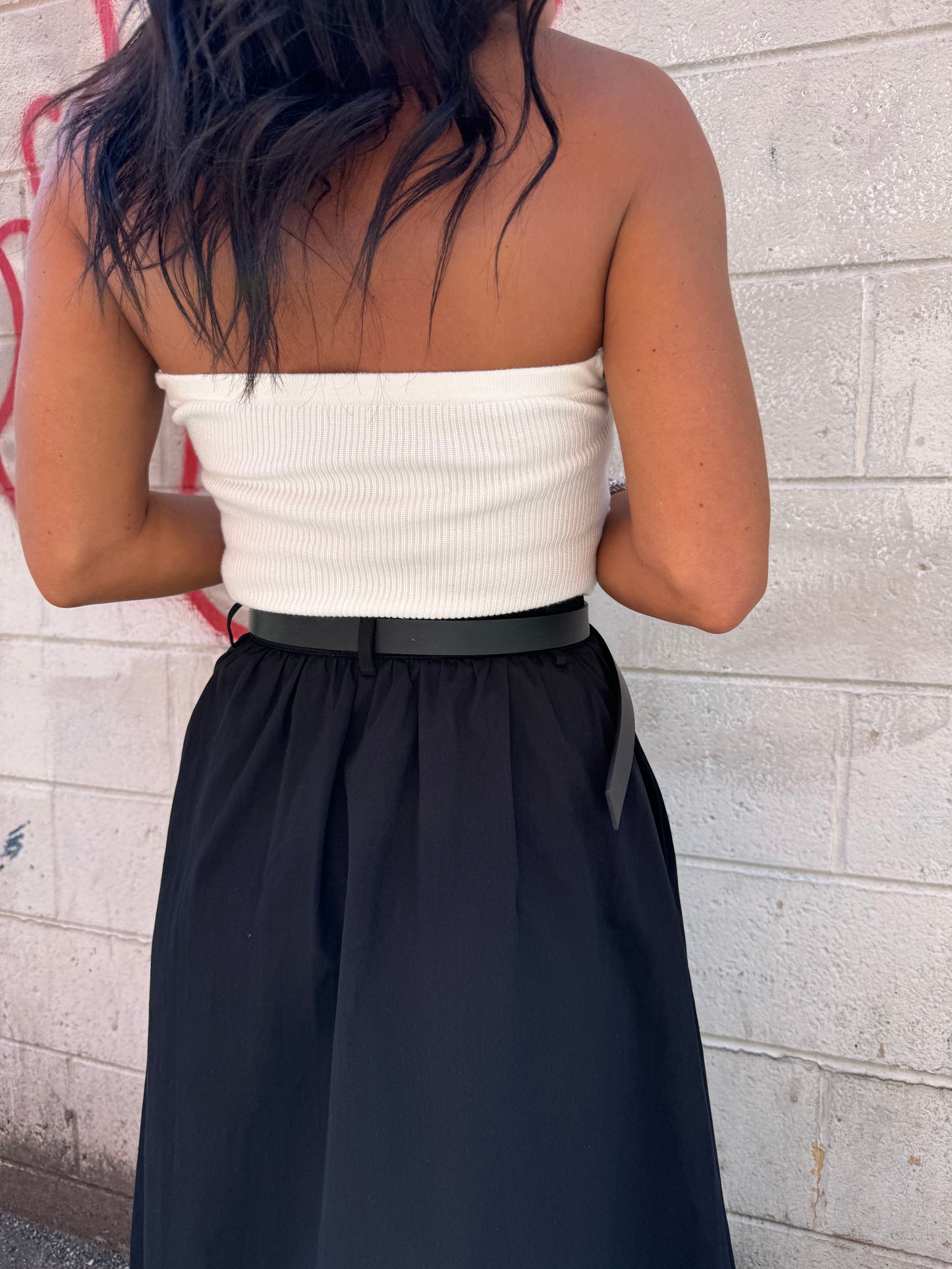 white ribbed strapless top