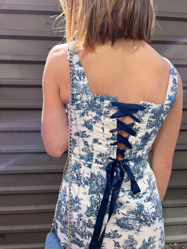 blue ribbon lace up back dress
