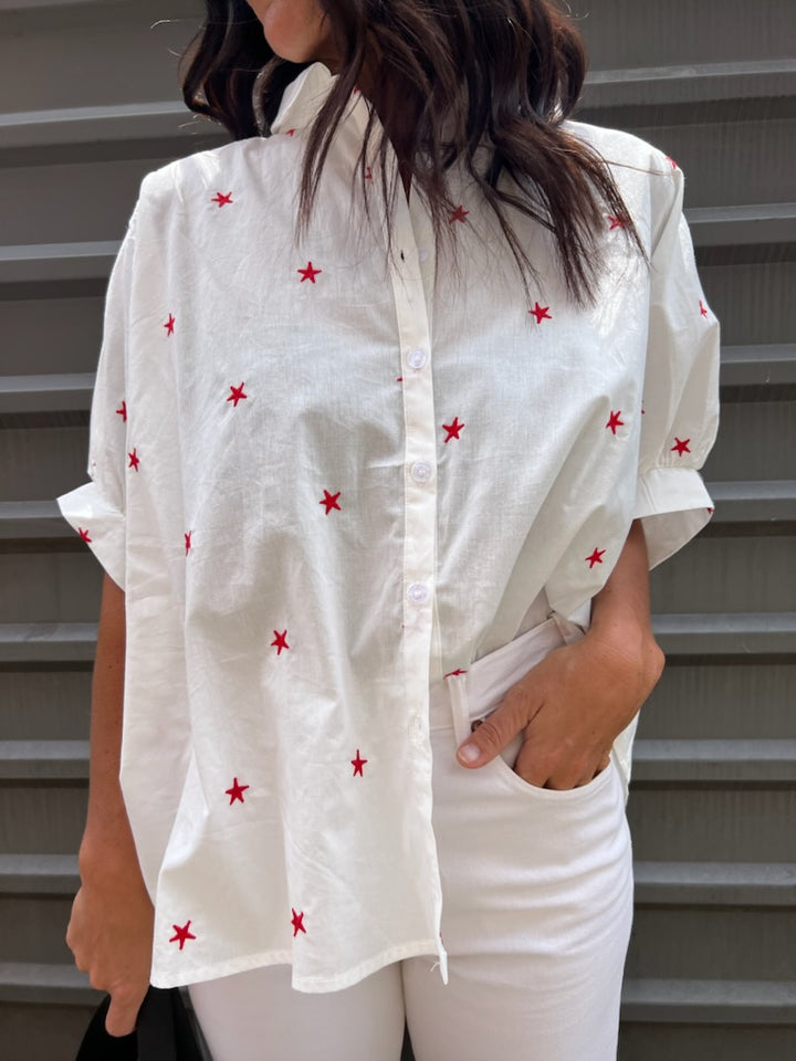 red star printed button up blouse