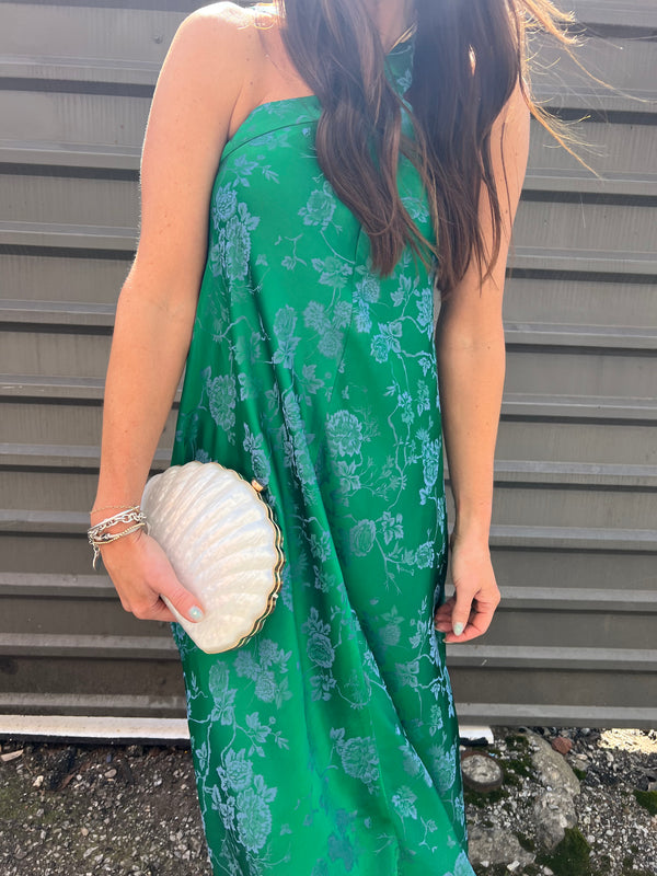 green floral flowy maxi halter dress