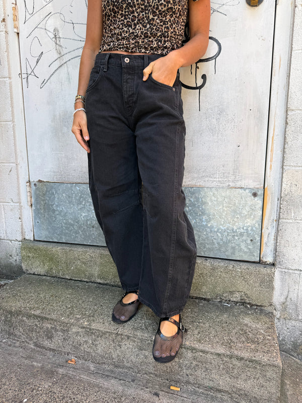 black denim barrel jeans