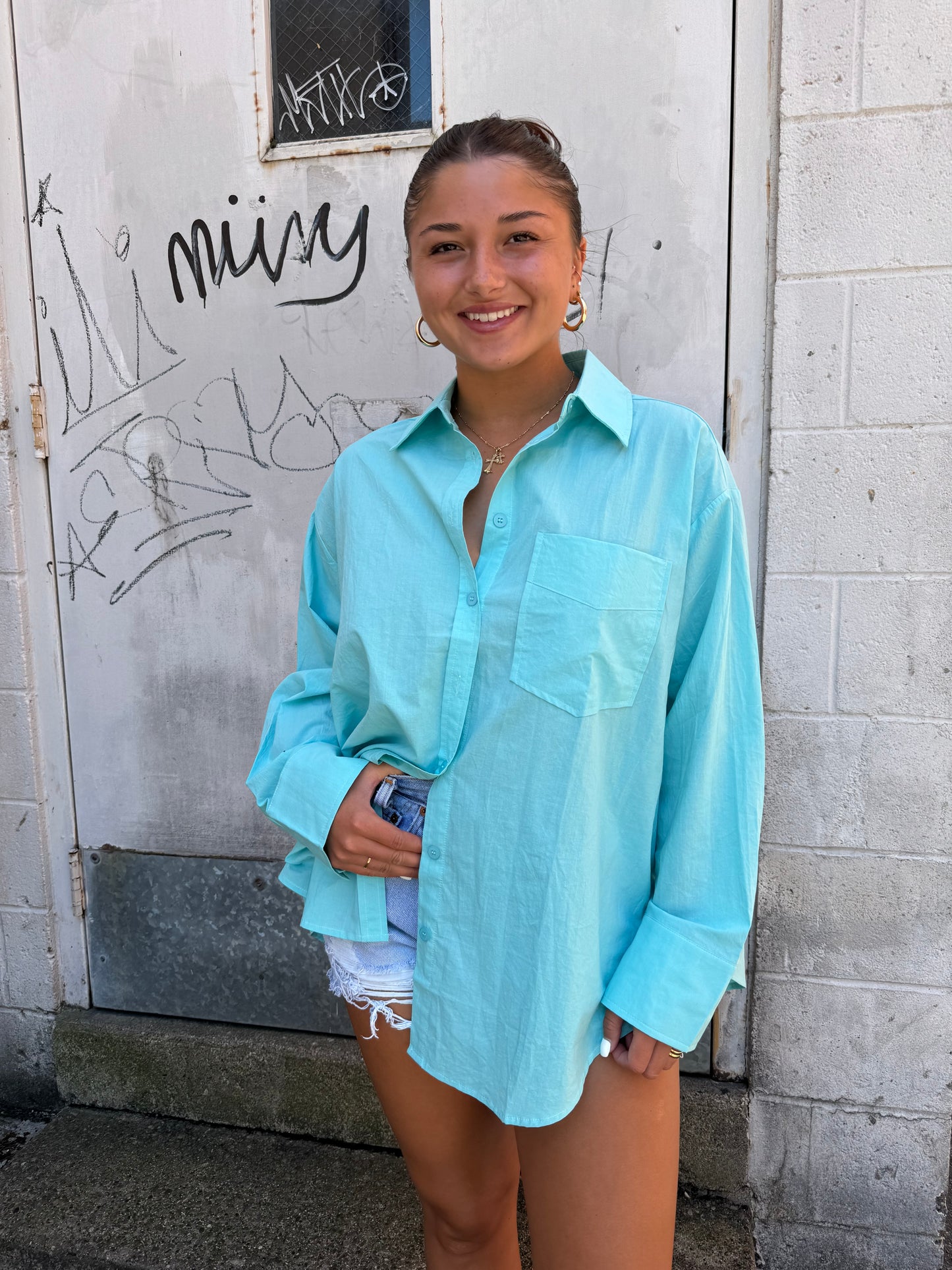 aqua blue oversized button up shirt