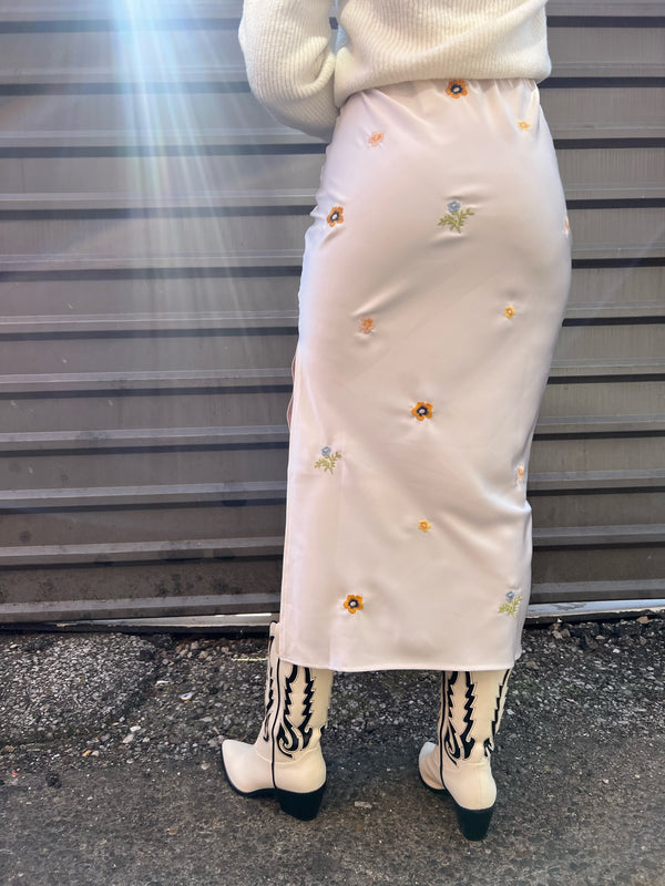 ivory floral embroidered satin midi slip skirt