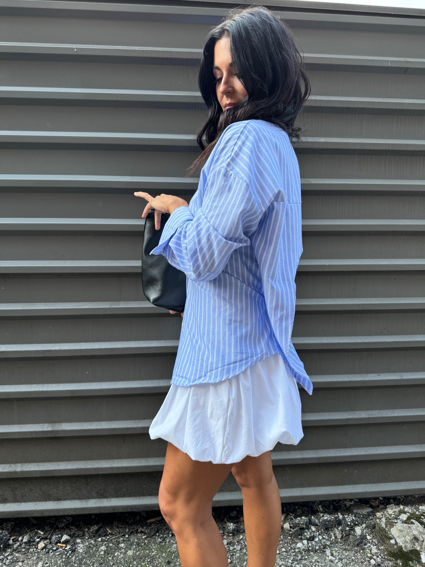 blue striped button up shirt with open back