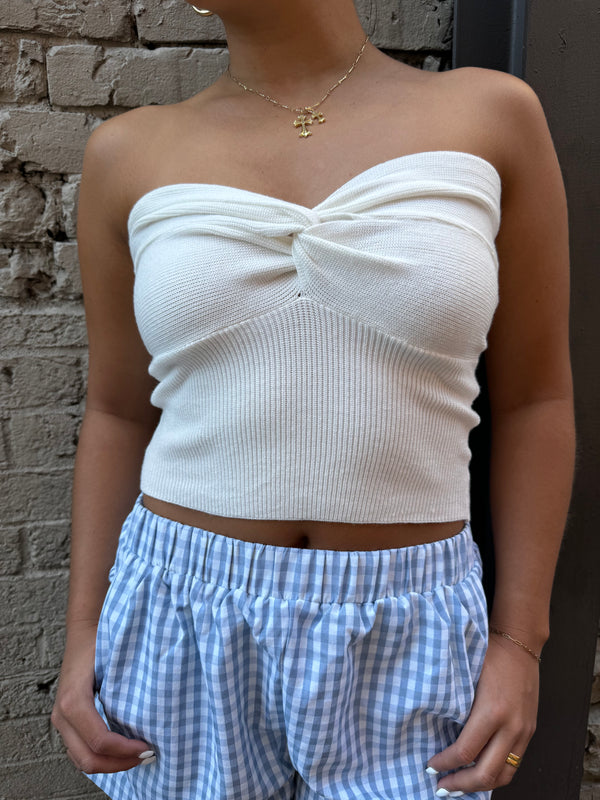 white twist sweetheart neckline top