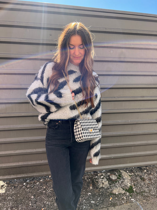 GRAY AND BLACK FUZZY ZEBRA PRINT SWEATER - THE HIP EAGLE BOUTIQUE
