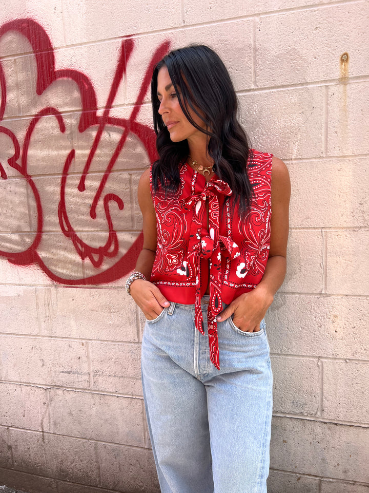 red paisley print top
