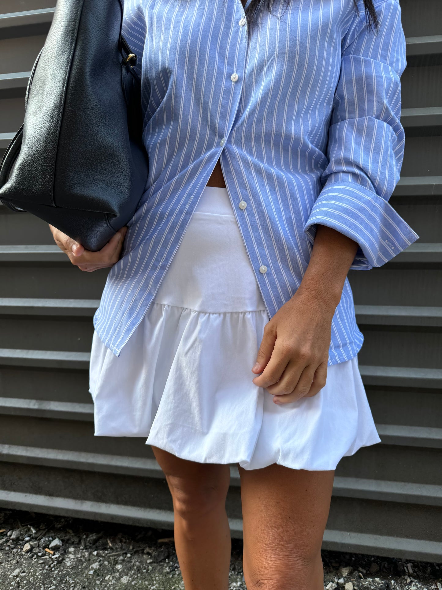 blue striped button up shirt and bubble skirt