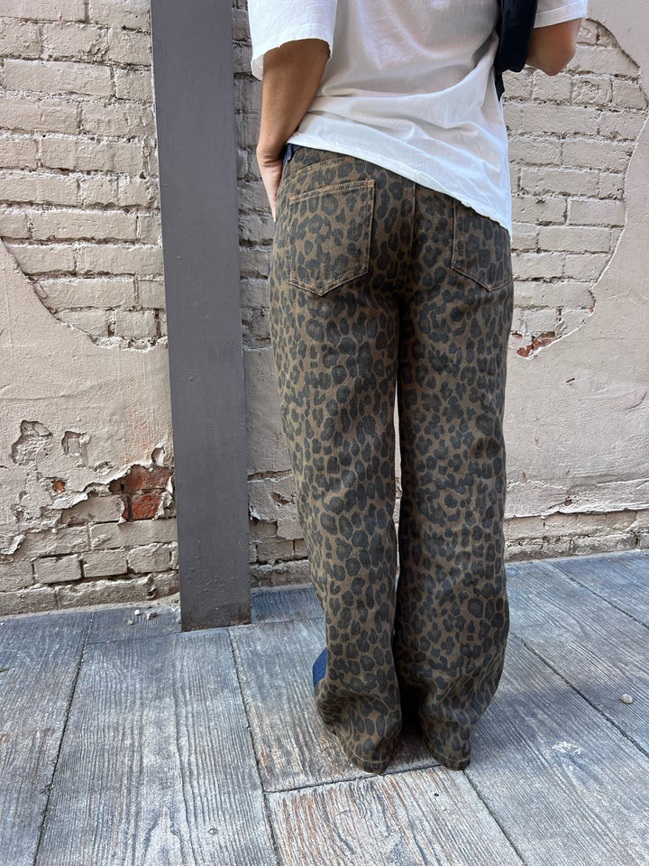 leopard split print denim jeans