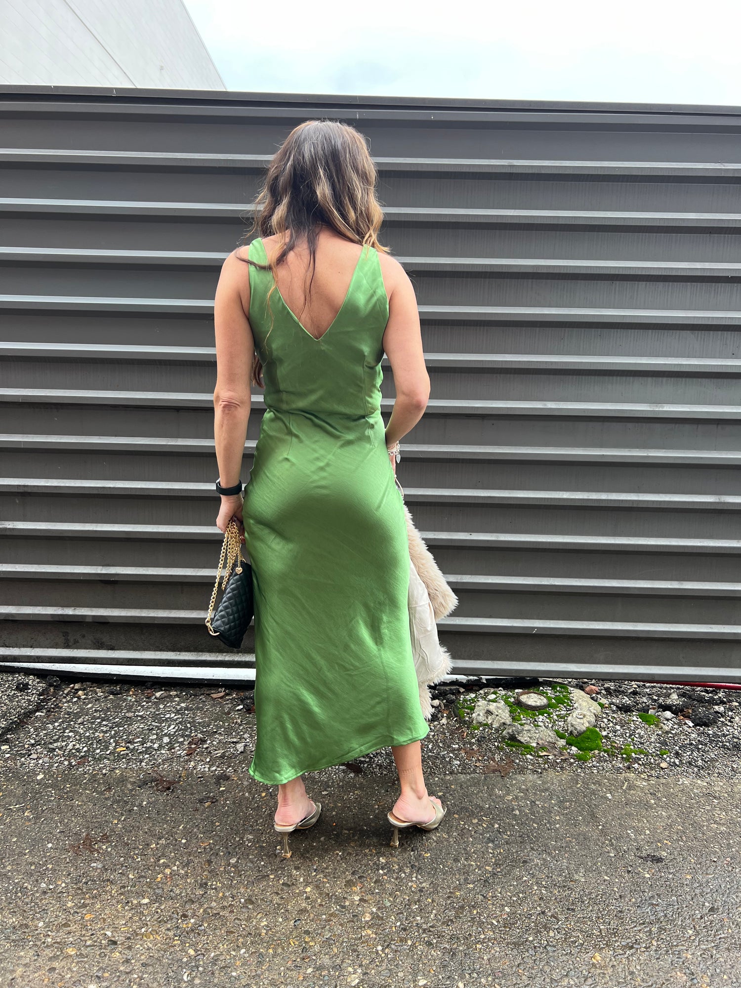 plain green satin dress