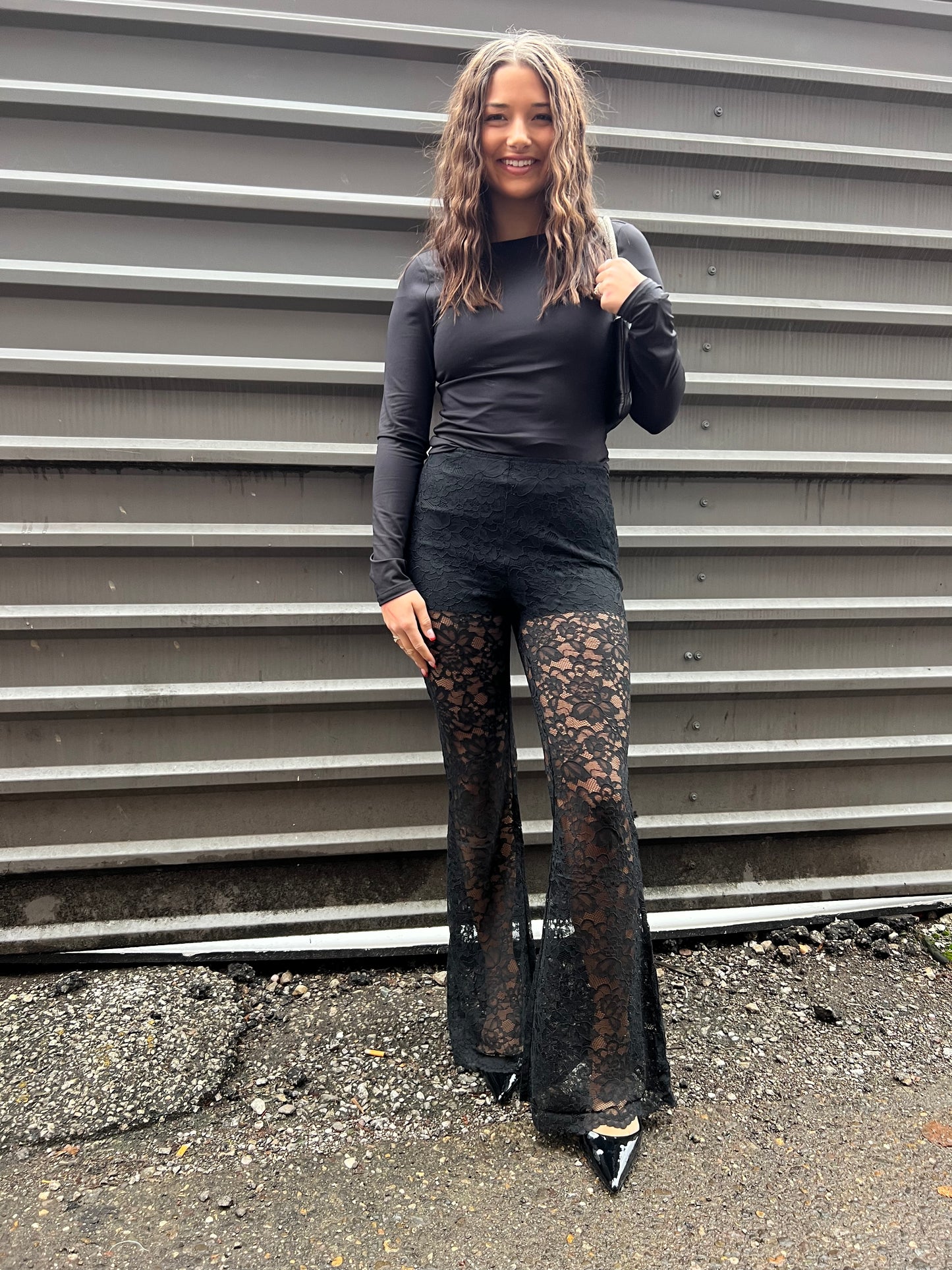 built in bottoms black sheer lace flare pants