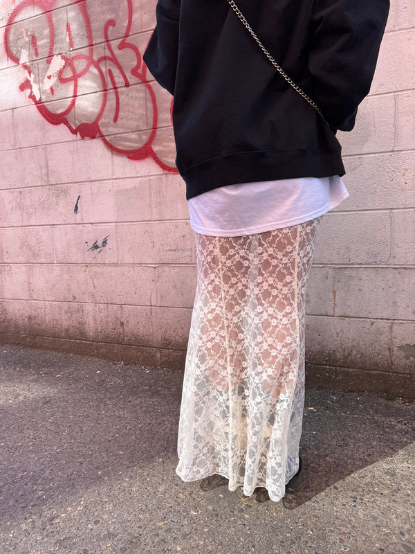 white sheer lace maxi skirt