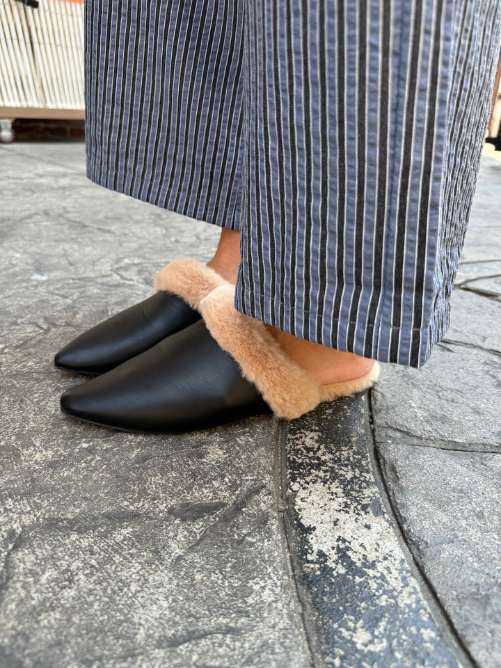 vegan leather and fur mule flats