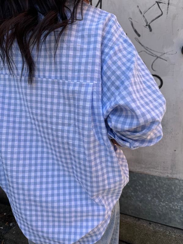 blue gingham print button up shirt